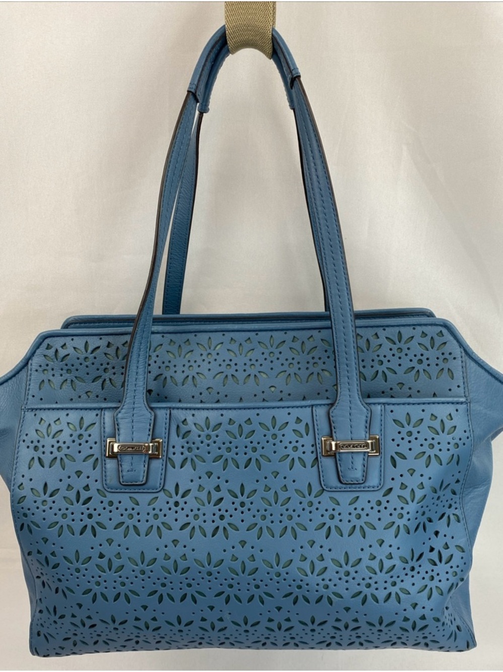 Coach Slate Blue Taylor Eyelet Leather 2 Handle Satchel F27391 Handbag Purse